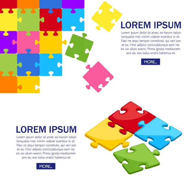 パズルのカラフルな作品 フラット スタイルのデザイン 一緒の概念 ベクトル イラスト コーナーでグループのジグソー パズルと白い背景の上 Web サイトのページとモバイル — ストックベクタ