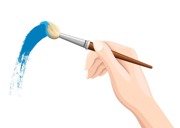 Рука Держит Кисть Кисть Белом Синяя Краска Векторная Плоская Иллюстрация — стоковый вектор
