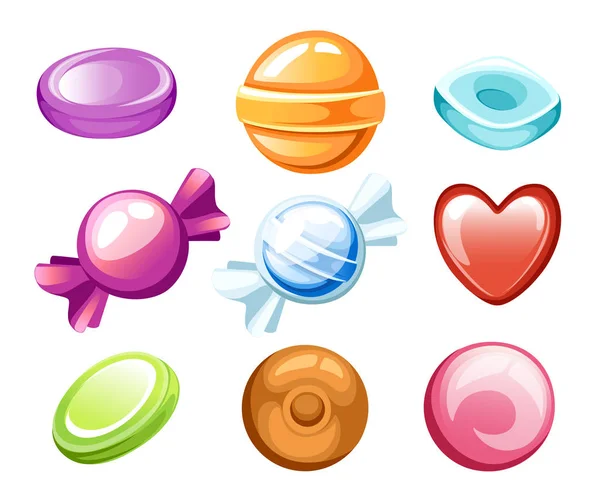 Ensemble Bonbons Neuf Bonbons Style Dessin Animé Différents Emballé Pas — Image vectorielle