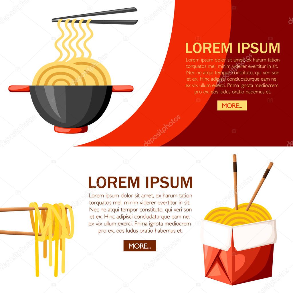 Red box with ramen noodles. Asian food. Black bowl with red handle. Take out fast food. Flat vector illustration on textured background. Concept design for website or advertising.