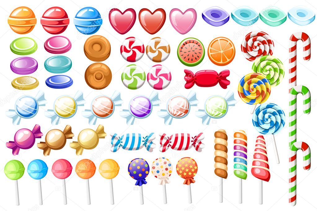 Candies set. Big collection of different cartoon style candies. Wrapped and not lollipops, cane, sweetmeats. Cute glossy sweets. Flat colorful icons. Vector illustration isolated on white background.
