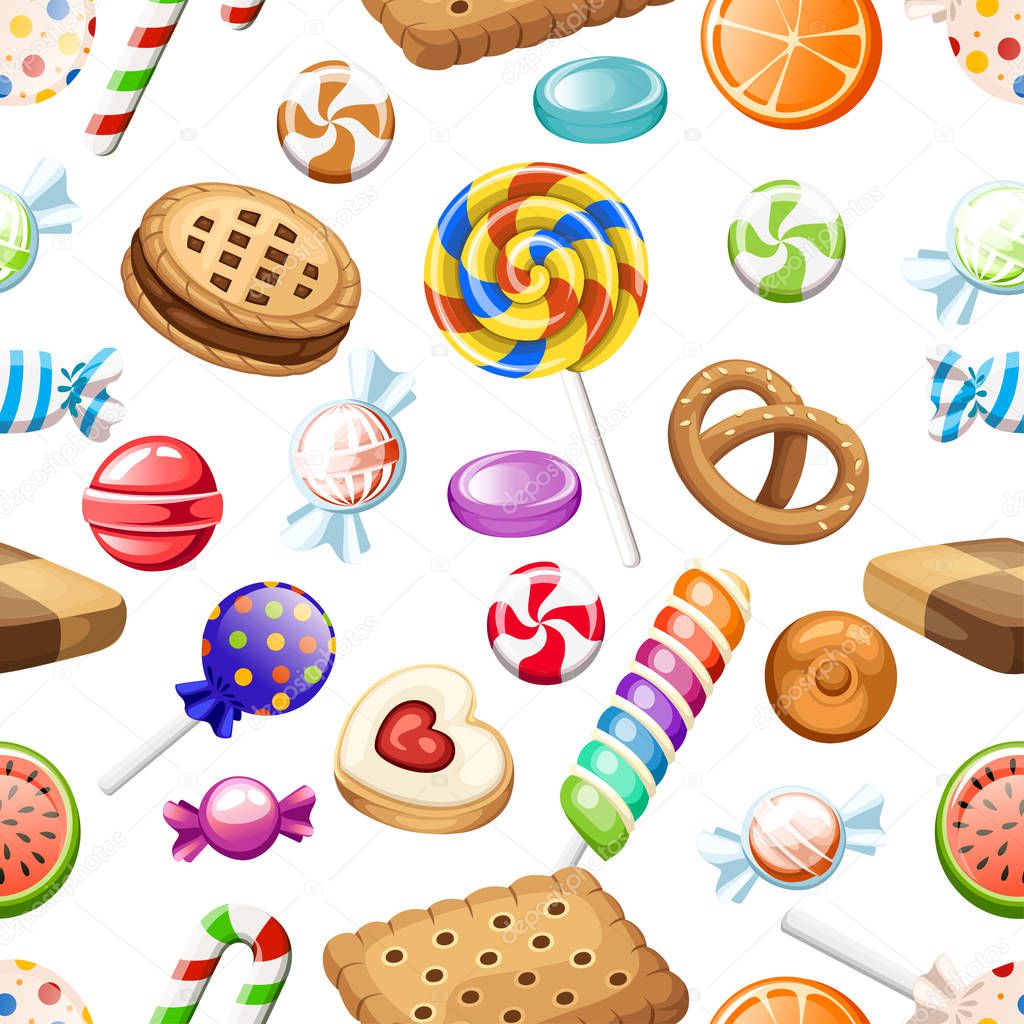 Seamless pattern. Big collection of different cartoon style candies and cookies. Wrapped and not lollipops, cane. Cute glossy sweets. Flat colorful icons. Vector illustration on white background.
