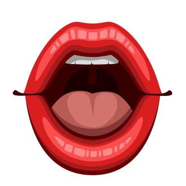 Kadının seksi kırmızı dudaklar ile açık ağız. Düz stil tasarım. Yapmak kadar renkli kutsal kişilerin resmi. Beyaz arka plan üzerinde izole vektör çizim.
