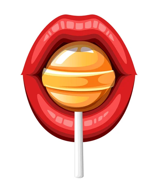 Sexy Red Lips Candy Red Female Glossy Lips Orange Lollipop — Stock Vector