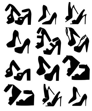 Siyah siluet. Kadınlar yaz ayakkabı koleksiyonu. Yüksek topuk ayakkabı ayarla. Düz moda tasarım deri mokasen renkli. Beyaz arka plan üzerinde izole vektör çizim.