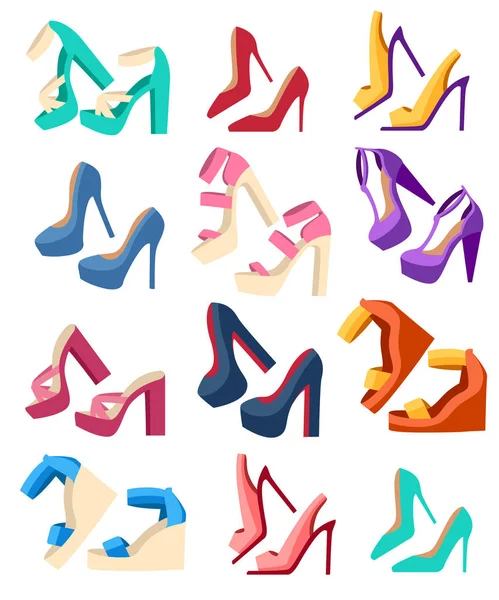 Colección Zapatos Verano Para Mujer Juego Zapatos Tacón Alto Mocasines — Vector de stock