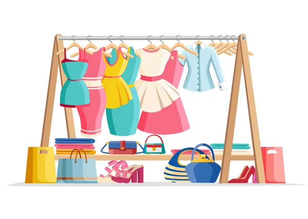 Houten Hanger Rack Met Vrouwelijke Kleren Handtassen Met Schoenen Aan — Stockvector