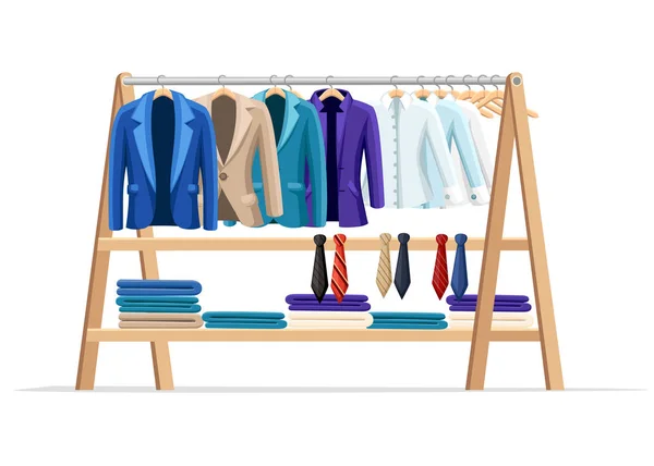 Houten Hanger Rack Met Mannelijke Klassieke Kleren Stropdas Officiële Stijl — Stockvector