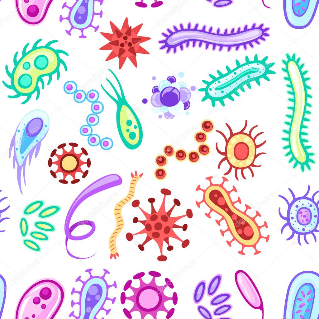 Seamless pattern. Bacteria and viruses. Colorful microorganisms collections. Flat vector bacteria, viruses, fungi, protozoa. Vector cartoon style illustration on white background.