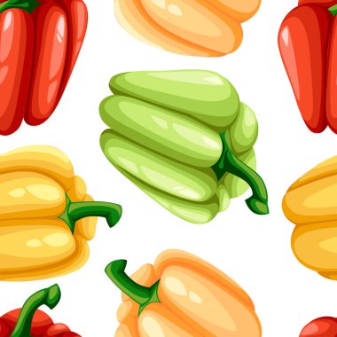 Seamless modeli. Bulgar renkli biber illüstrasyon. Düz çizgi film tarzı tasarım. Beyaz arka plan üzerinde vektör çizim.
