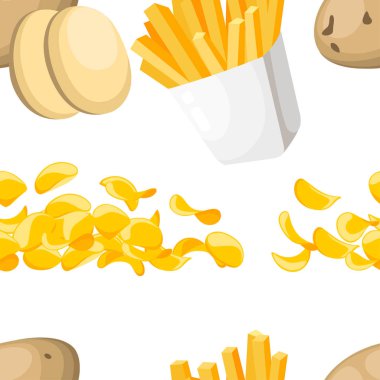 Seamless modeli. Patates ürünleri. Patates kızartması ve cips. Patates lokanta. Beyaz arka plan üzerinde düz vektör çizim.
