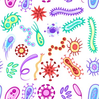 Seamless pattern. Bacteria and viruses. Colorful microorganisms collections. Flat vector bacteria, viruses, fungi, protozoa. Vector cartoon style illustration on white background. clipart
