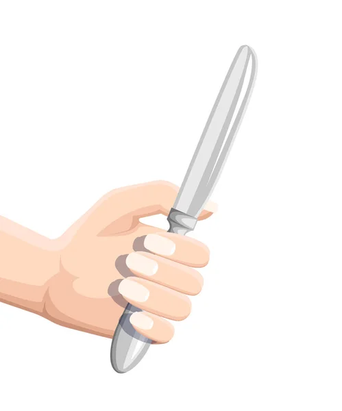 Ruce Drží Nůž Nerezové Kuchyňské Nádobí Plochá Vektorové Ilustrace Izolované — Stockový vektor
