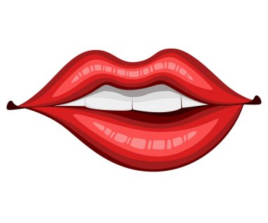 Kırmızı dudak ısırma. Düz stil ağız ve dudaklar. Seksi logo simge kartı için öp. Beyaz arka plan üzerinde izole vektör çizim.