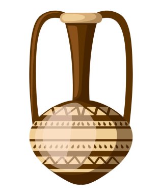 Antik amfora illüstrasyon. Amfora desen ve iki kolu. Yunan veya Roma kültür. Kahverengi renk ve desenler. Beyaz arka plan üzerinde izole düz vektör çizim. Yunan seramik simgesi.