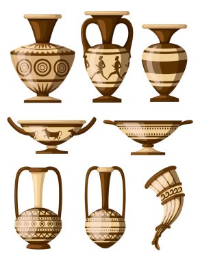 Yunan seramik simgesi toplama. Amfora desenleri, rhyton, kylix. Yunan veya Roma kültür. Kahverengi renk ve desenler. Beyaz arka plan üzerinde izole düz vektör çizim.