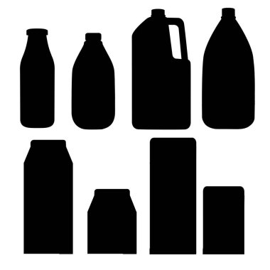 Siyah siluet. Süt kapsayıcılar koleksiyonu. Karton kutu, plastik ve cam şişe. Süt şablonu. Beyaz arka plan üzerinde izole düz vektör çizim.