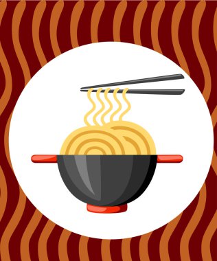 Siyah erişte ve çubuk ile kase. Kırmızı saplı. Düz vektör çizim dokulu arka plan üzerinde. Fast food restoranlar için renkli simge.