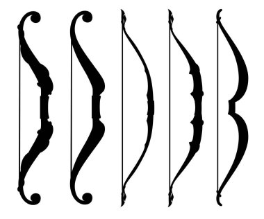 Siyah siluet. Yay silah koleksiyonu. Ortaçağ ve fantezi silah. Beyaz arka plan üzerinde izole düz vektör çizim.