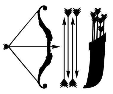 Siyah siluet. Oklar ve titreme ile yay silah. Ahşap titreme. Ortaçağ ve fantezi silah. Beyaz arka plan üzerinde izole düz vektör çizim.