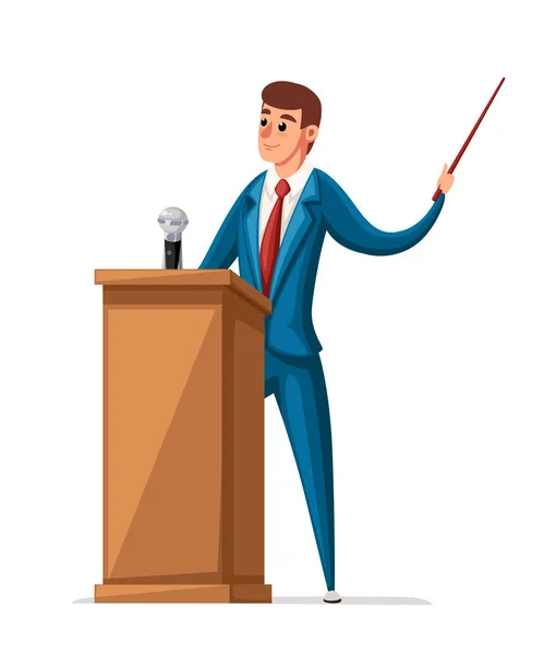 Mann Anzug Steht Holztribüne Mit Mikrofon Eine Rede Halten Zeichentrickfiguren — Stockvektor