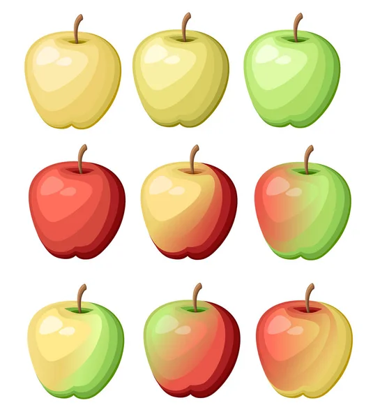 Sada Devíti Různých Barevných Jablek Čerstvý Ovocný Ilustrace Plochá Vektorové — Stockový vektor