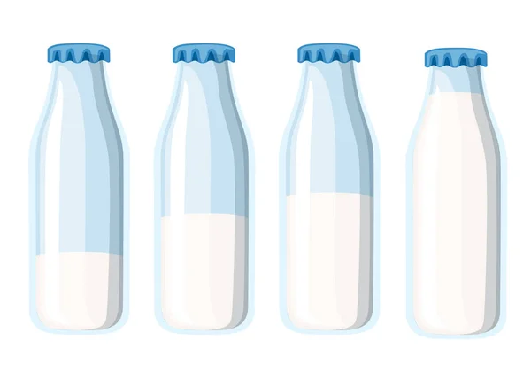 Botella Leche Vidrio Tradicional Plantilla Cuatro Botellas Leche Ilustración Vectorial — Vector de stock