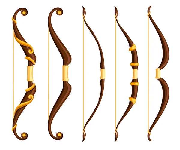 Arco Coleção Armas Arcos Castanhos Com Ornamentos Dourados Arma Medieval —  Vetores de Stock