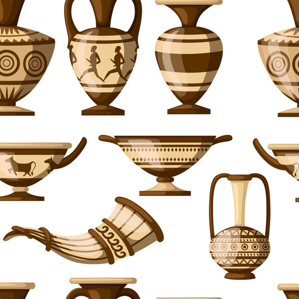 Seamless pattern. Greek pottery collection. Amphora with patterns, rhyton, kylix. Greek or roman culture. Brown color and patterns. Flat vector illustration on white background.
