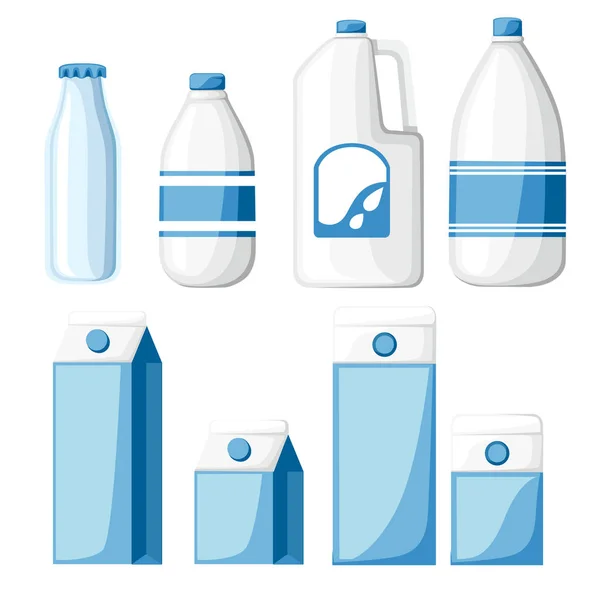 Collectie Van Containers Van Melk Kartonnen Doos Plastic Glas Fles — Stockvector