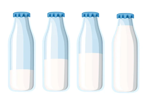 Geleneksel Cam Süt Şişesi Dört Süt Şişeleri Şablonu Beyaz Arka — Stok Vektör
