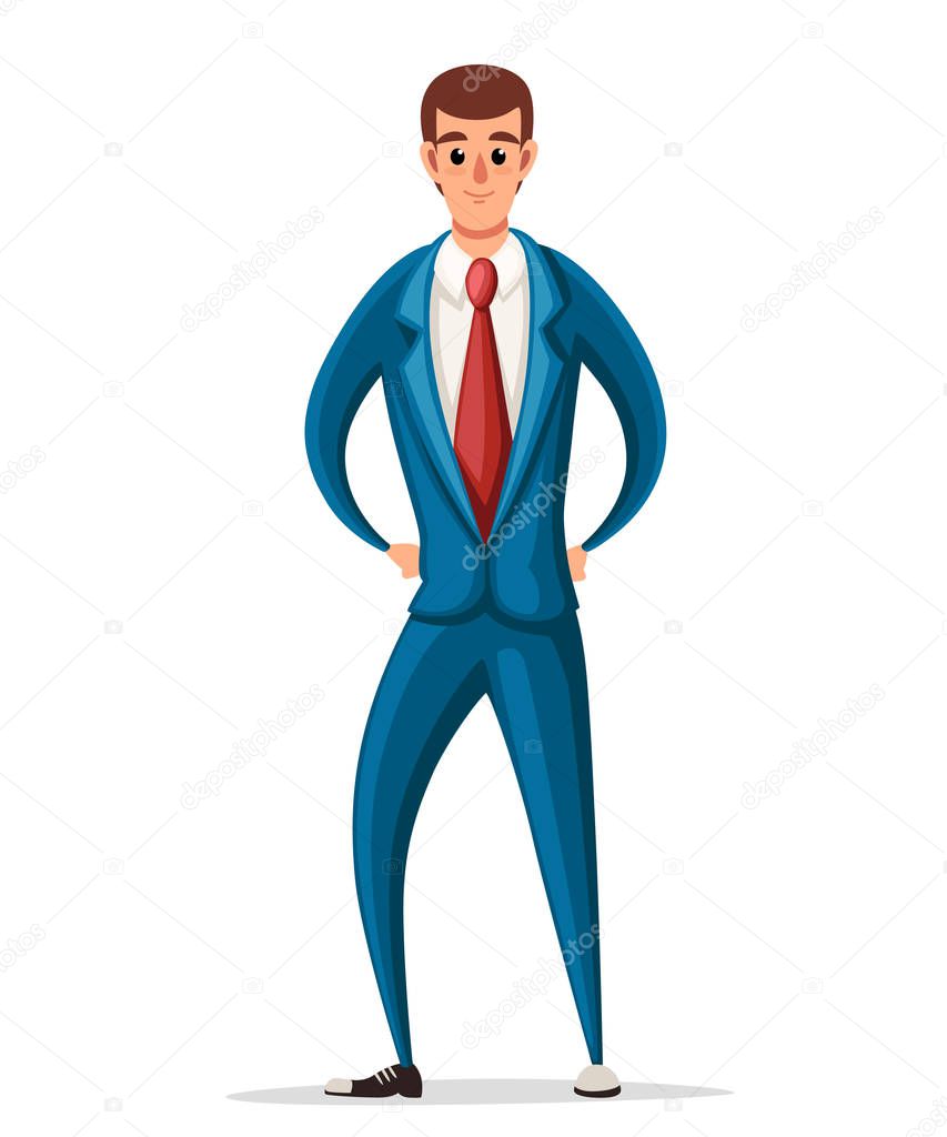 Business man in blue formal wear. Cartoon character design. Flat vector illustration isolated on white background.
