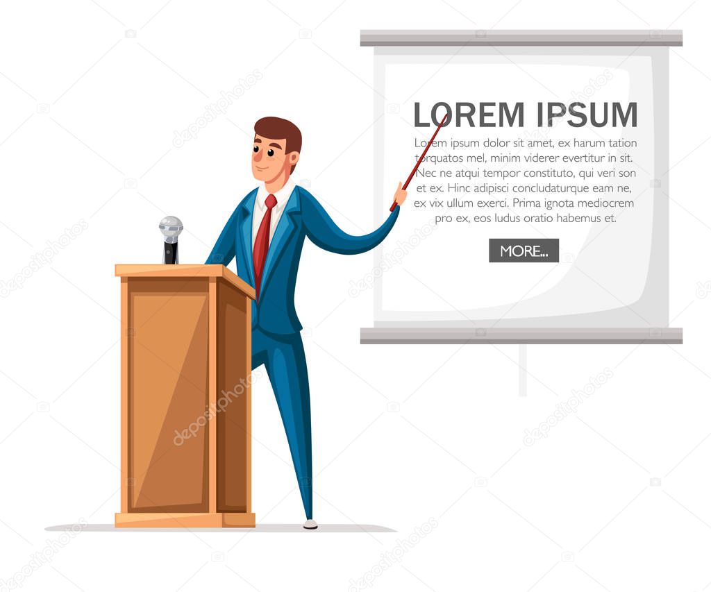 Man in suit stands at wooden tribune with microphone. Making a speech. Cartoon character design. Flat vector illustration isolated on white background.