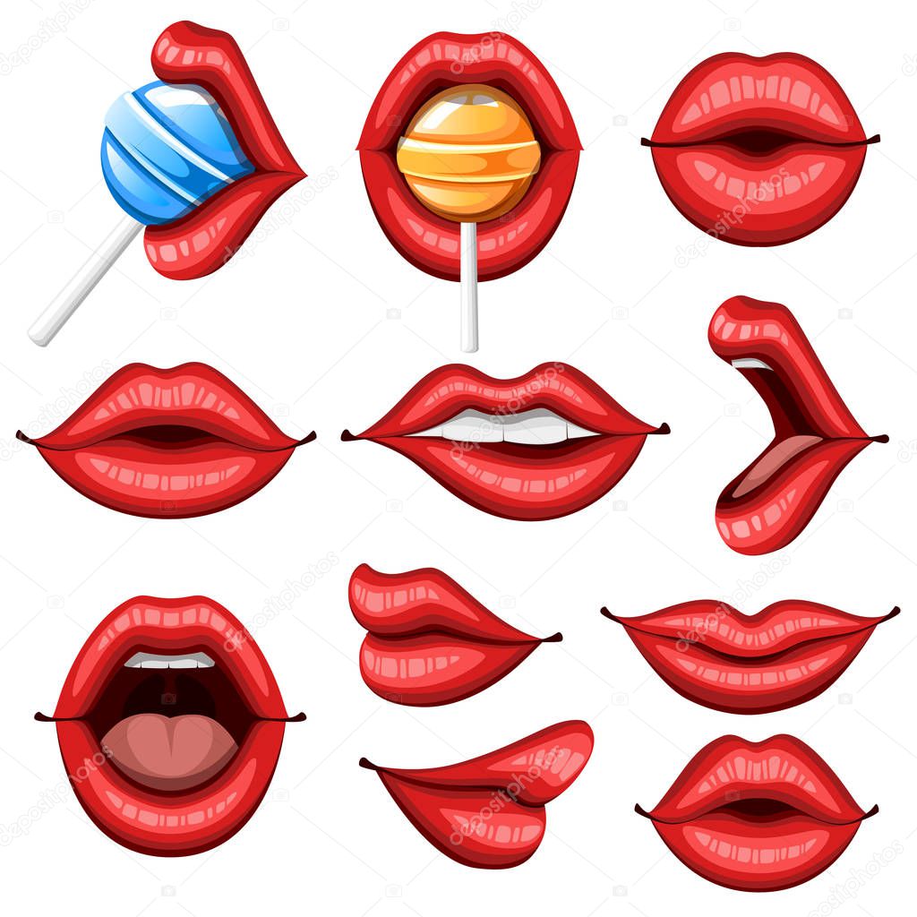 Collection of sexy red lips. Biting, kiss, smile, open and close. Lips with lollipop. Colorful icon. Flat vector illustration isolated on white background.