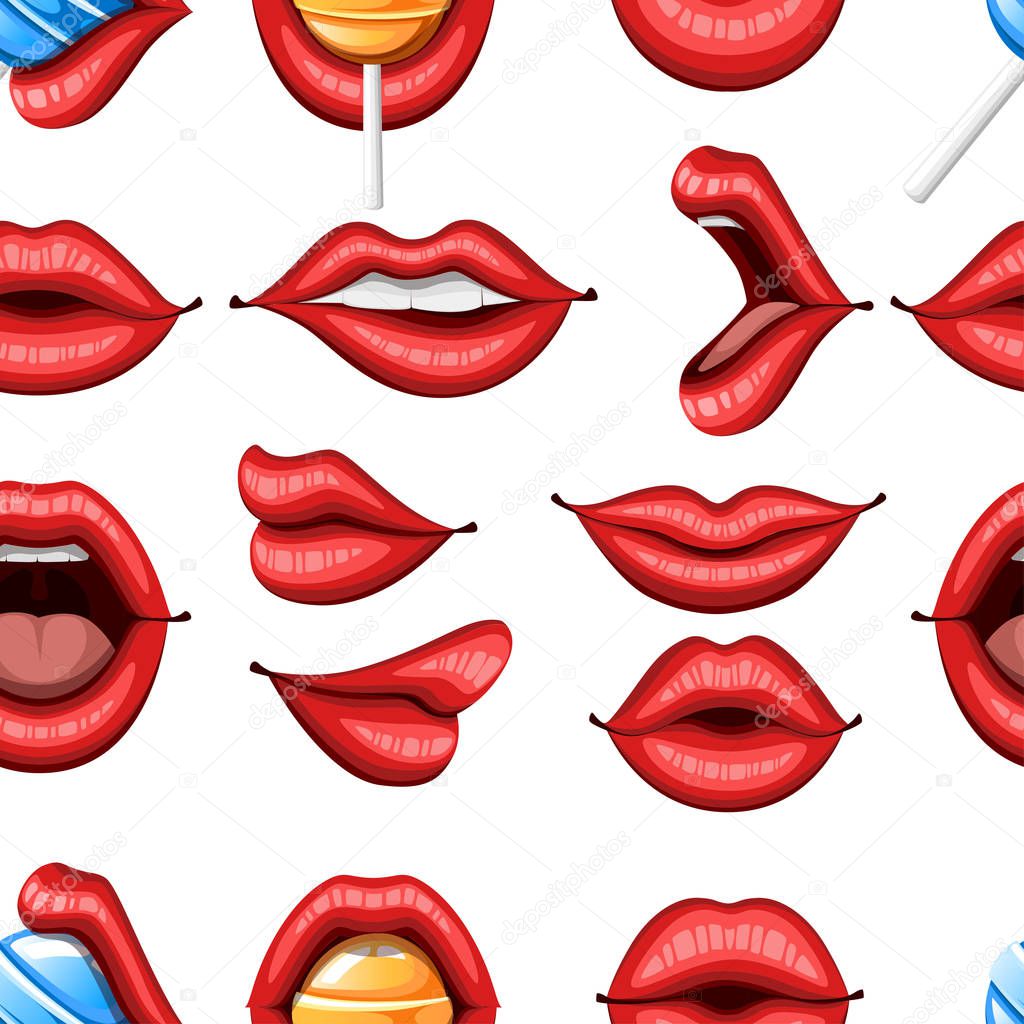 Seamless pattern. Collection of sexy red lips. Biting, kiss, smile, open and close. Lips with lollipop. Colorful icon. Flat vector illustration on white background.