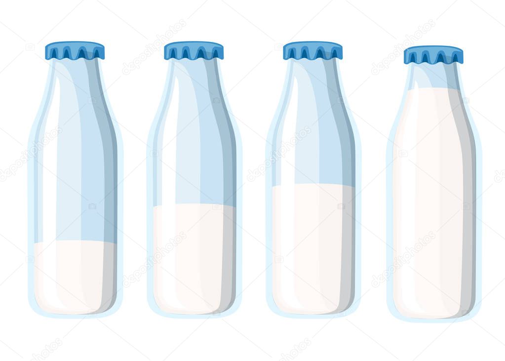 Traditional glass milk bottle. Four milk bottles template. Flat vector illustration isolated on white background.