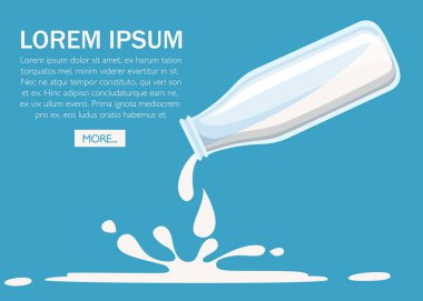 Plastik şişe süt dökün. Cam şişe. Web sitesi sayfası ve mobil sayfa tasarımı. Turkuaz arka plan üzerinde düz vektör çizim.