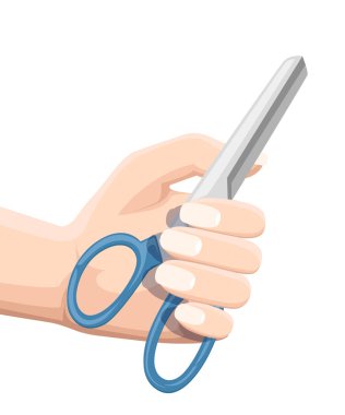 Makas tutan el. Mavi Plastik Saplı ve paslanmaz çelik. Beyaz arka plan üzerinde izole düz vektör çizim.