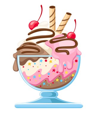 Bir cam kase dondurma tatlı. Meyve şekerli tatlı gofret payet, çilek, çikolata ile. Beyaz arka plan üzerinde izole düz vektör çizim.