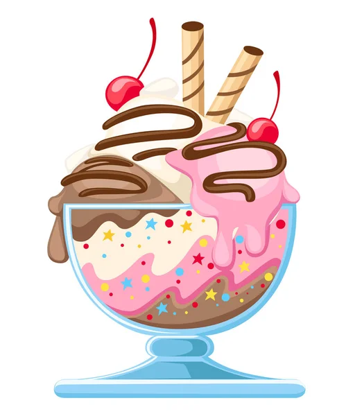 ガラスのボウルにアイスクリームのデザート ウェーハ ストロー チョコレートとフルーツ甘いデザート 白い背景で隔離のフラット ベクトル図 — ストックベクタ
