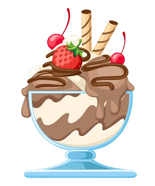 Eisdessert Einer Glasschüssel Fruchtsüßes Dessert Mit Waffelhalmen Beeren Schokolade Flache — Stockvektor