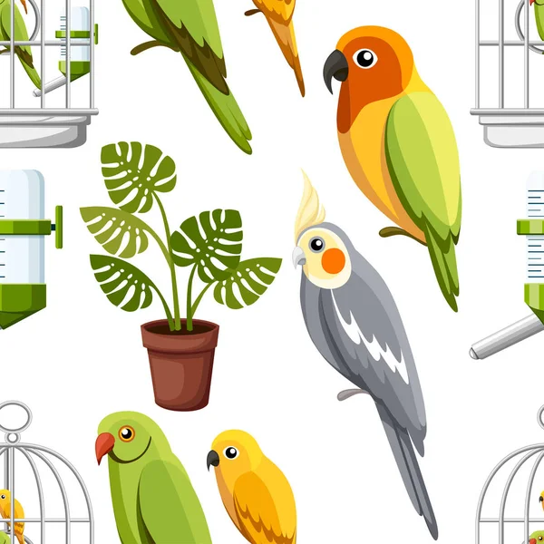 Patrón Sin Costuras Jaula Con Pájaros Bebedor Agua Maceta Iconos — Vector de stock