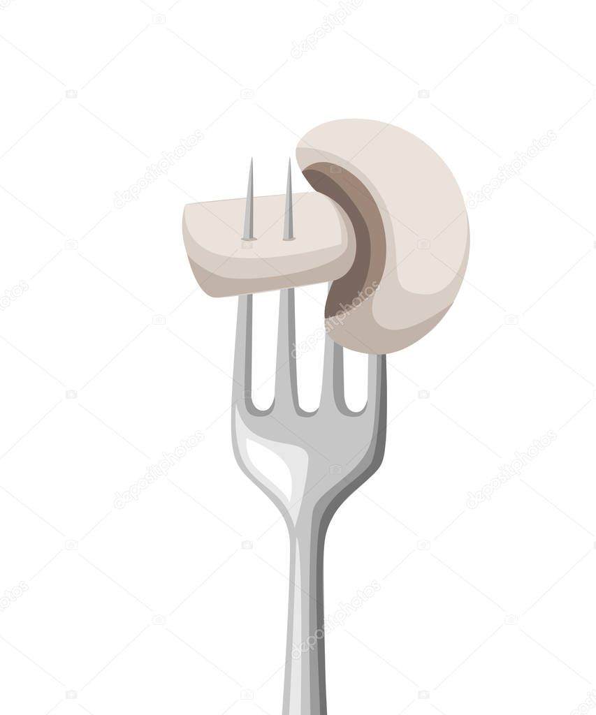 Food on fork. Champignon mushroom on stainless steel fork. Flat vector illustration isolated on white background.