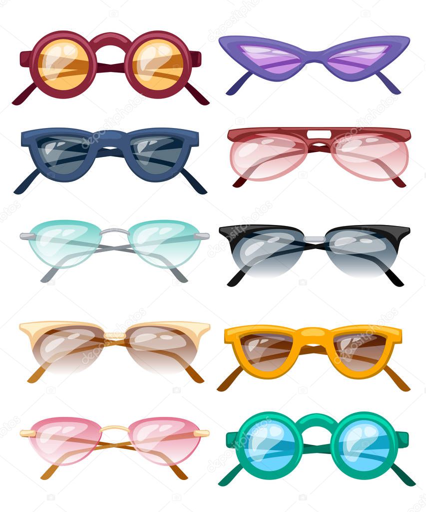 Set of colorful glasses. Collection of ten cartoon glasses with transparent colored glass. Polarized glasses. Flat vector illustration isolated on white background.