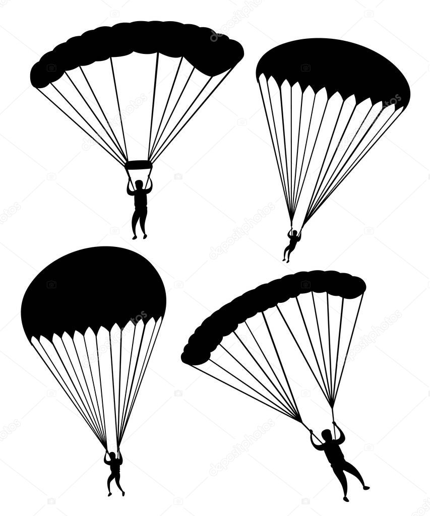 Black silhouette. Parachutist in flight. Set of skydivers. Flat vector illustration isolated on white background.