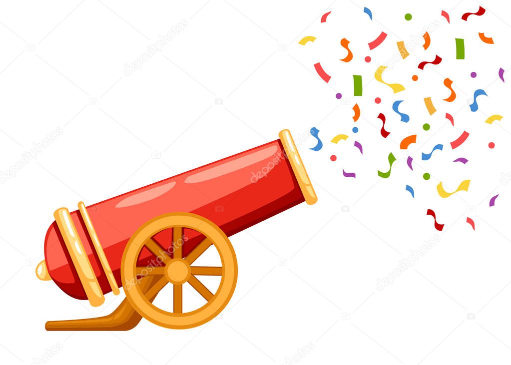 Ancient red cannon shots confetti. Circus cannon. Flat vector illustrator isolated on white background.