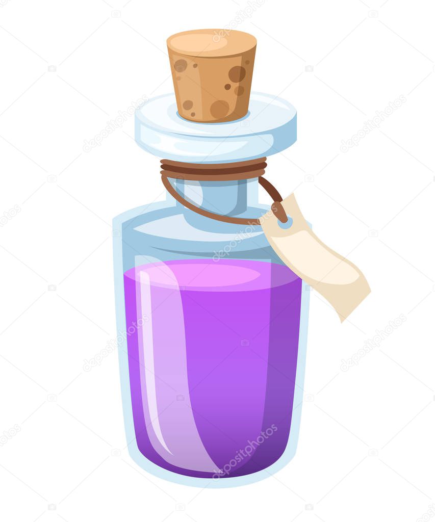 Bottle with potion. Game icon of magic elixir. Purple potion flat icon. Mana or magic elixir. Vector illustration isolated on white background.