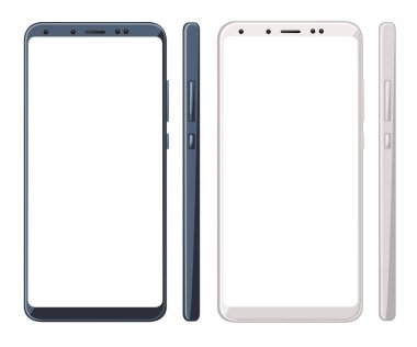 Boş bir ekran ile iki akıllı telefonlar. Düğmeleri telefon. Koyu mavi ve beyaz durumda. Beyaz arka plan üzerinde izole düz vektör çizim.