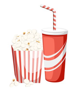 Kırmızı kağıt bardak kola patlamış mısır kırmızı ve beyaz karton kutu içinde. Beyaz arka plan üzerinde izole düz vektör çizim. Sinema için renkli simge.
