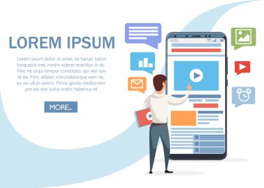 Cep sinema konsept tasarımı. Dijital renkli film şeridi ile smartphone ekran oyun simgesine. Beyaz arka plan üzerinde vektör çizim. Web sitesi sayfası ve mobil uygulaması tasarım.